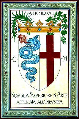 Kombination des Stadtwappens von Mailand mit dem Wappen des Hauses Visconti im Castello Sforzesco (seitenverkehrt auch Emblem von Alfa Romeo)